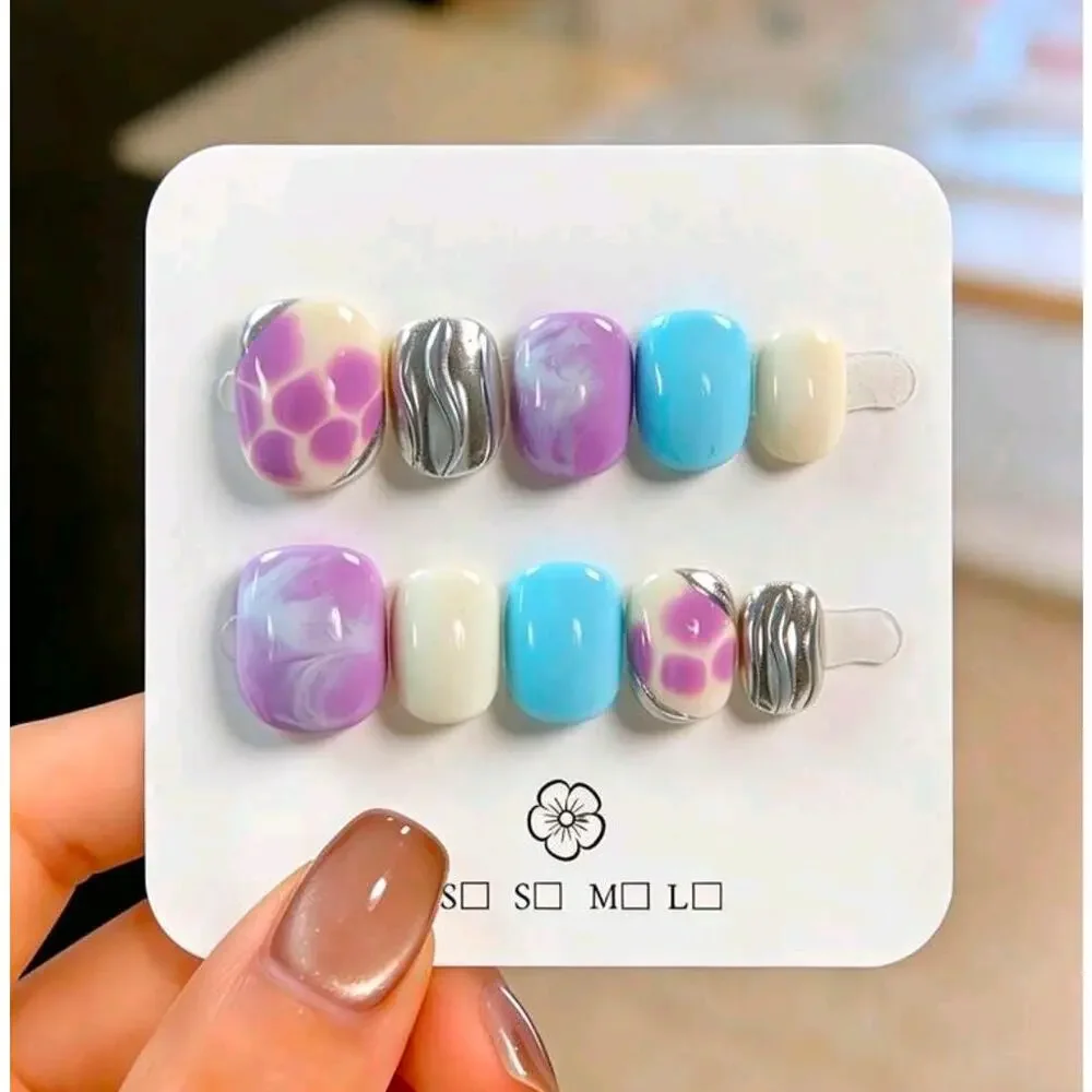 10 Handmade Purple Oval Acrylic Nail Art Set Short Nails Size Large Reusable New